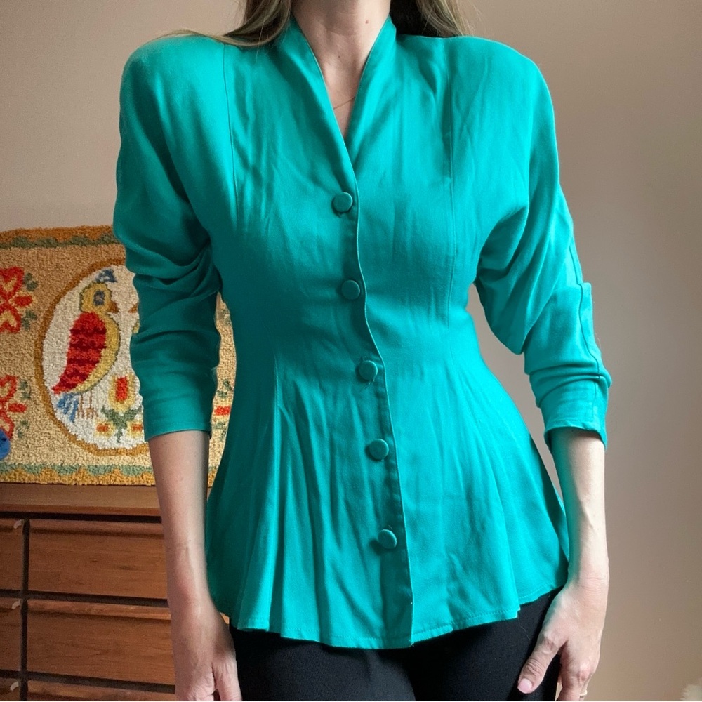 Vintage 1980’s Vibrant Teal Women's Blouse Size Medium